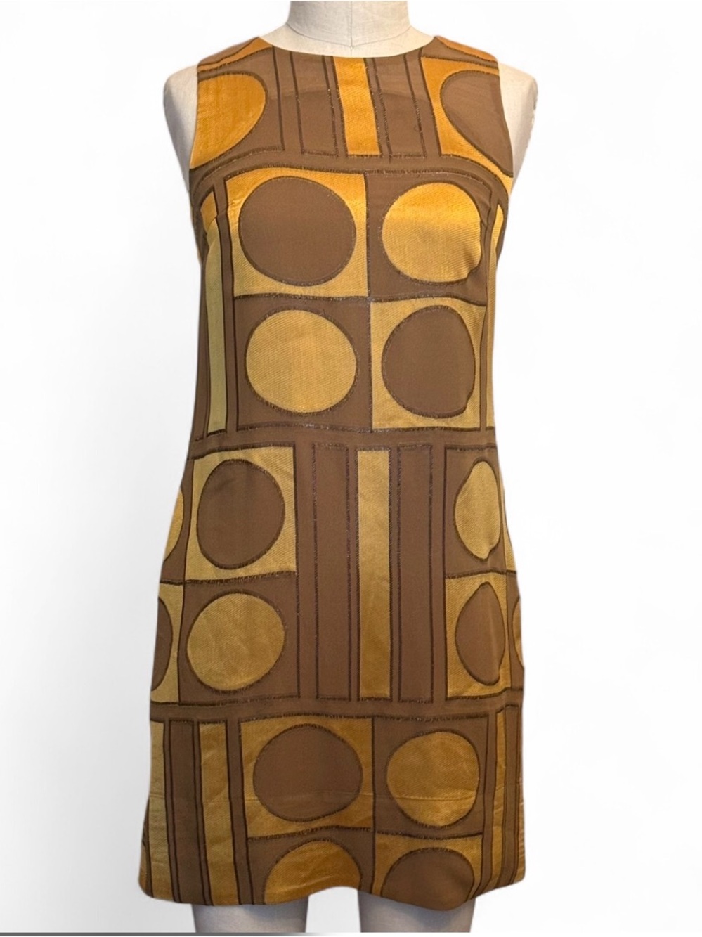 Banana Republic silk blend Brown & Mustard Geometric Shift Dress retro POCKETS